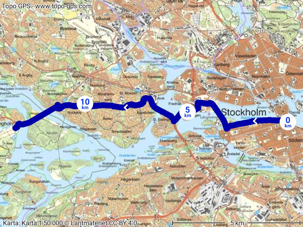 Stockholm Slussen to Drottningholm Bike Route Map overview